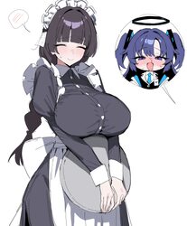 2girls absurdres apron black dress black hair black halo blood blue archive blush braid breasts closed eyes commentary …