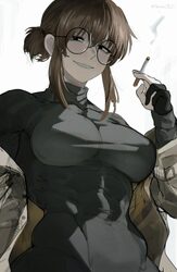1girl between fingers black-framed eyewear black dress black eyes black gloves breasts brown coat brown hair cigarette …