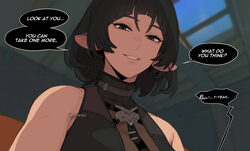 1girl animal ears bare shoulders black hair blurry blurry background breasts day earrings english text hair between eye…