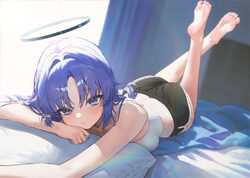 1girl absurdres alternate costume ass bare legs bare shoulders barefoot bed sheet black shorts blue archive blue eyes b…