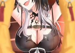 2girls adenoshin1373 arm strap belt black belt black choker black dress black hair blurry blurry foreground breast focu…