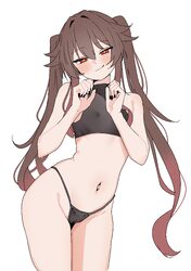 1girl absurdres black panties breasts brown hair commentary request covered nipples cowboy shot crop top genshin impact…