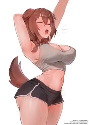 1girl alternate costume animal collar animal ears arm behind head armpits arms up black shorts boosty username braid br…