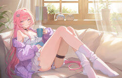 1girl absurdres alternate costume book breasts caelus (honkai  star rail) character doll cleavage coffee mug commentary…