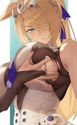 1girl animal ears black leotard blonde hair blue background blue eyes blush border breasts clenched teeth commentary re…