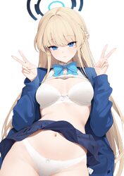 1girl blonde hair blue archive blue bow blue bowtie blue coat blue eyes blue halo blue skirt bow bowtie bra breasts clo…