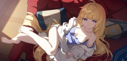 1girl ahoge barefoot blonde hair breasts coat commentary request couch feet highres long hair looking at viewer medium …