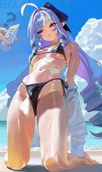 1girl 1other ? ahoge alternate costume artist name ass visible through thighs barefoot beach bikini black bikini blue s…
