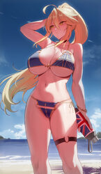 1girl absurdres ahoge arm behind head artoria pendragon (fate) artoria pendragon (lancer) (fate) beach bikini blonde ha…