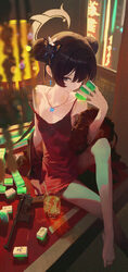 1girl absurdres alternate costume barefoot black eyes black hair black jacket blue archive breasts butterfly hair ornam…