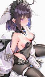 1girl absurdres ahoge azur lane bare shoulders blue hair blush breasts brown pantyhose coat colored inner hair commenta…