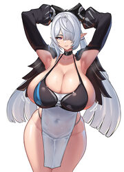 1girl absurdres armpits breasts commentary request hair over one eye highres huge breasts long bangs long hair looking …