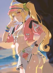 1girl absurdres ahoge ass beach bikini bikini skirt blonde hair blurry blurry background breasts clothes lift commentar…
