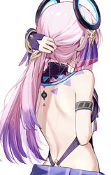 1girl adjusting hair back back focus backless leotard backless outfit bare back breasts citlali (genshin impact) floati…