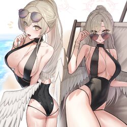 1girl  o absurdres angel wings aoi riko ass aviator sunglasses bikini black one-piece swimsuit blonde hair blue archive…