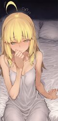 1girl absurdres ahoge artoria pendragon (fate) bare shoulders bed blonde hair blush breasts cleavage commentary fate/st…