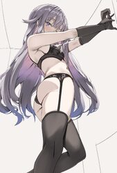 1girl absurdres ass black bra black gloves black panties black thighhighs blue hair blush bra breasts ceiling commentar…