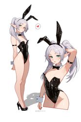1girl animal ear hairband animal ears arm strap arm up armpits artist name black bow black bowtie black leotard black s…