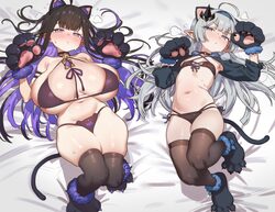 2girls absurdres animal ears animal hands bed bikini black hair black thighhighs blush breasts cat ears cat paws cat ta…
