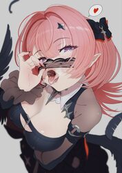 1girl black dress black mask black shrug black wings breast strap breasts cleavage commentary request dress feathered w…
