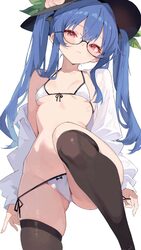 1girl alternate hairstyle bespectacled bikini black-framed eyewear blue hair breasts brown thighhighs commentary reques…
