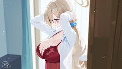 1girl absurdres akane (blue archive) alternate costume babydoll blue archive breasts brown hair brown halo cleavage coa…