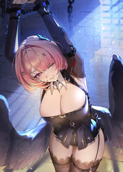 1girl black dress black thighhighs black wings bound bound wrists breasts chain cleavage commentary dress feathered win…