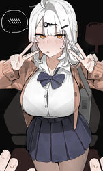 1girl alternate costume azz0422 bag blue skirt blush bra visible through clothes breasts brown jacket commentary double…