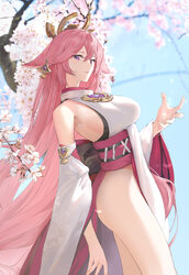 1girl animal ears bare shoulders breasts cherry blossoms chinese commentary commentary request detached sleeves earring…