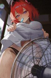 1girl absurdres arknights arknights  endfield black panties blush breasts clothes lift commentary request demon tail el…
