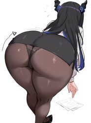 1girl absurdres arrow (symbol) ass ass focus asymmetrical horns bent over black hair black horns black panties black pa…