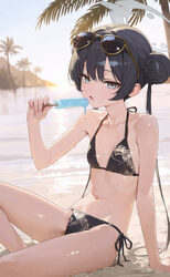 1girl absurdres arm support beach bikini black bikini black hair blue archive blurry blurry background blush collarbone…