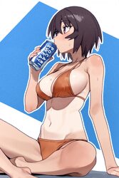 1girl absurdres azumanga daioh bikini black hair blue background breasts brown bikini brown eyes can commentary drink c…