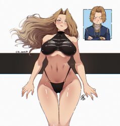 1boy 1girl alternate costume artist name bikini black bikini blood blue eyes blue jacket blush breasts brown hair close…