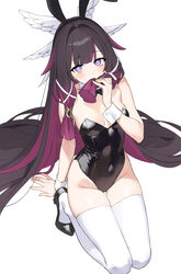1girl animal ears bare shoulders black bow black bowtie black hair black leotard black shoes bow bowtie breasts cleavag…