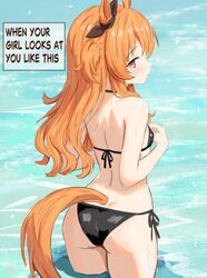 1girl  o absurdres animal ears ass back bare shoulders bikini black bikini blush bow breasts brown ribbon closed mouth …