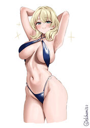 1girl armpits arms behind head arms up artist name bikini blonde hair blue slingshot swimsuit blush breasts closed mout…