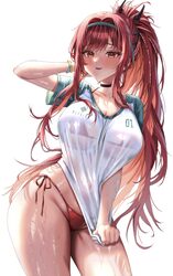 1girl arm behind head asymmetrical bangs bikini bikini top under shirt bikini under clothes black choker blue headband …