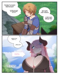 1boy 1girl absurdres blue eyes braid breasts brown hair cleavage commentary draph english commentary english text gran …