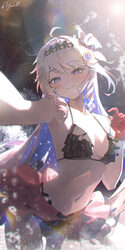 1girl absurdres ahoge bare shoulders bikini bikini skirt black bikini breasts colored inner hair commentary denia (wuth…