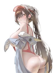 1girl animal costume animal hood ass blush breasts brown hair commentary request earrings from behind goddess of victor…