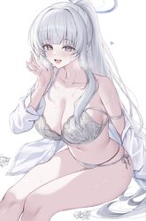 1girl blue archive bra breasts commentary fuchi (0616tk) halo highres lace-trimmed bra lace trim looking at viewer mech…