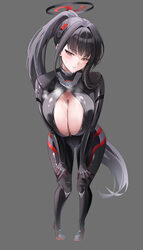 1girl black bodysuit black hair black halo blue archive blush bodysuit breasts bright pupils center opening cleavage co…