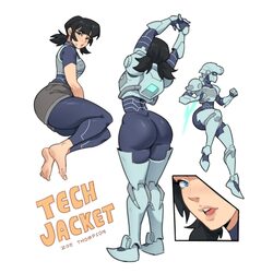 1girl alternate ass size (larger) armor ass barefoot black bodysuit black hair blue bodysuit blue eyes blue fire blush …