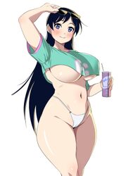 1girl aqua shirt arato nagi arm up bikini bikini bottom only black hair blue eyes blush breasts can cosplay cover bikin…