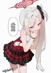 1girl black flower black scrunchie blue archive commentary covering own mouth english commentary english text flower gr…