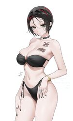 1girl barbell piercing bikini black bikini black choker black nails bracelet breasts choker cleavage closed mouth cowbo…