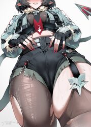 1girl animal ears black gloves black hair breasts cameltoe commentary english commentary eyes out of frame fingerless g…