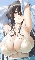 1girl armpits arms up azur lane bare shoulders bikini black hair blue sky breasts cleavage cloud commentary day hair be…