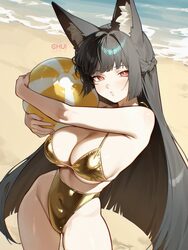 1girl alternate costume animal ear fluff animal ears artist name ball bare arms bare shoulders beach beachball bikini b…